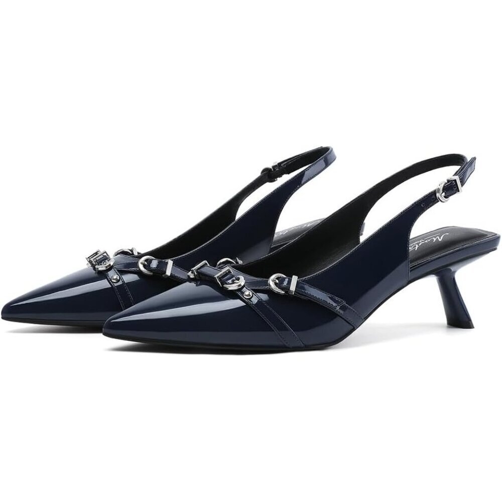 Women's Navy Blue Pointed Toe Pumps Patent Leather Slingback Heels With Buckle - Picture 6 of 9